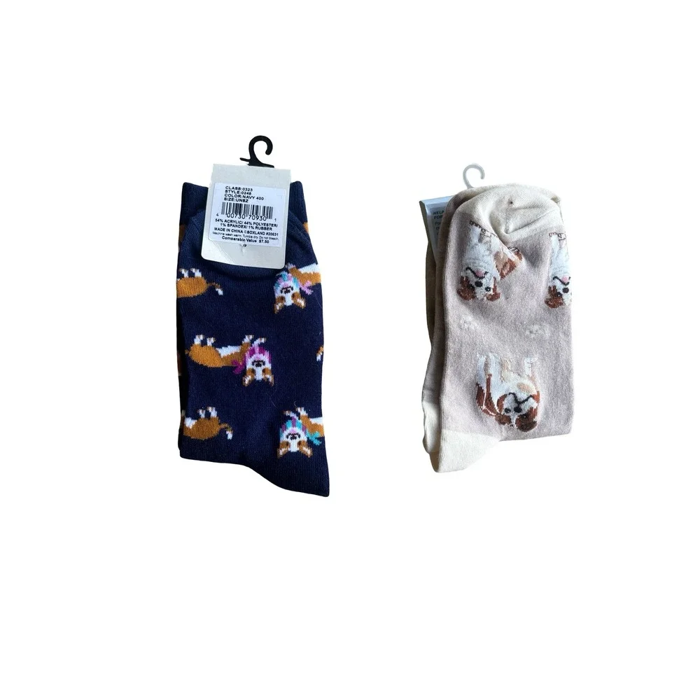 G.H. Bass & Happy Tails Dog Socks Bundle Corgi Bulldog Navy‎ Tan NWT One Size